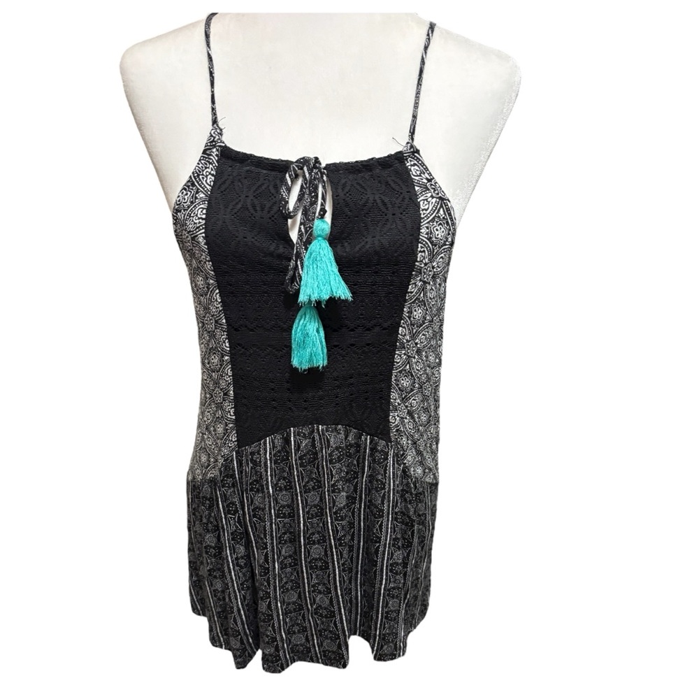 Maurice Black and White  Tank Top with Turquoise Tassels, Soft, Stretchy, Size L